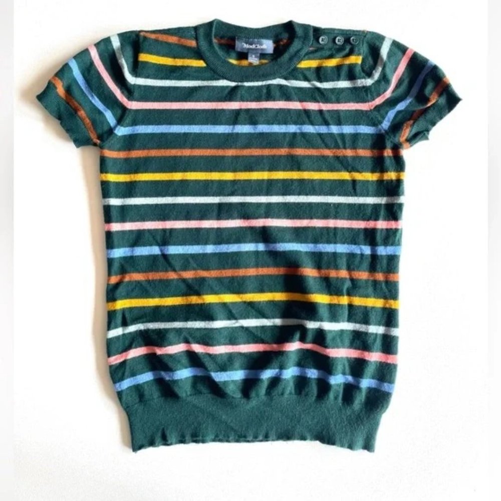 Modcloth Women's Green Striped Short Sleeved Sweater